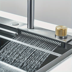 1 Set Gun Gray Waterfall Single Bowl Kitchen Sink, Stainless Steel Bar Sink With Pull Down Sprayhead Faucet Brushed Gold Handle, Drop-In/Undermount Farmhouse Workstation Smart Modern Kitchen Sink With Full Set Of Accessories, (24x18x8 In)