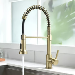 [Brushed Golden Kitchen Faucet] 1pc Brushed Golden Kitchen Faucet | Pull-Down Sprayer, Single Handle Lever, Water-Saving Valve, Commercial-Grade Single Hole Sink Mixer Tap, Dual Function Spray & Easy Installation (Includes G9/16 Threads & Hoses), Water Co