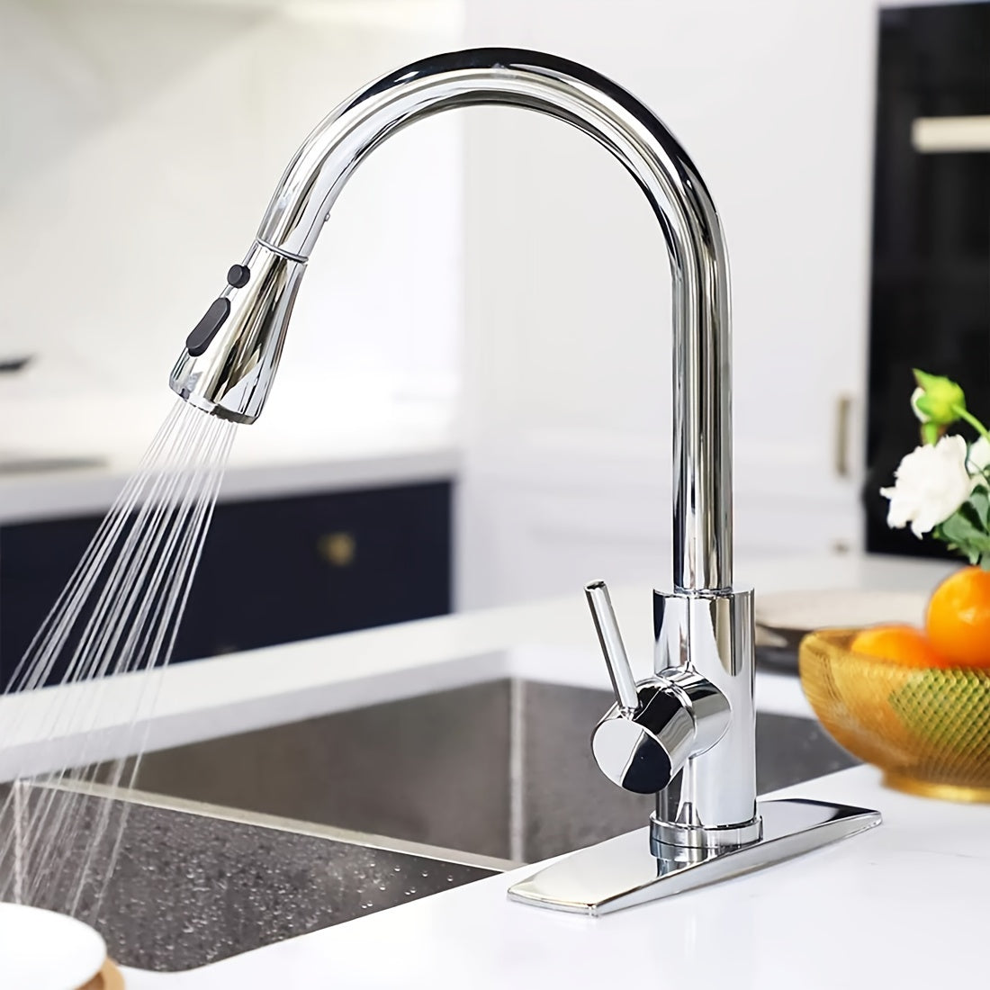 [Commercial Kitchen Faucet] 1pc High Arc Commercial Kitchen Faucet with Pull-Down Spray | Single Handle Stainless Steel Brushed Nickel Sink Faucet with Deck Plate - Suitable for Bar Laundry RV Farmhouse (Matte Black&Brushed Nickel&Chrome&Brushed Golden)