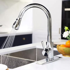 [Commercial Kitchen Faucet] 1pc High Arc Commercial Kitchen Faucet with Pull-Down Spray | Single Handle Stainless Steel Brushed Nickel Sink Faucet with Deck Plate - Suitable for Bar Laundry RV Farmhouse (Matte Black&Brushed Nickel&Chrome&Brushed Golden)