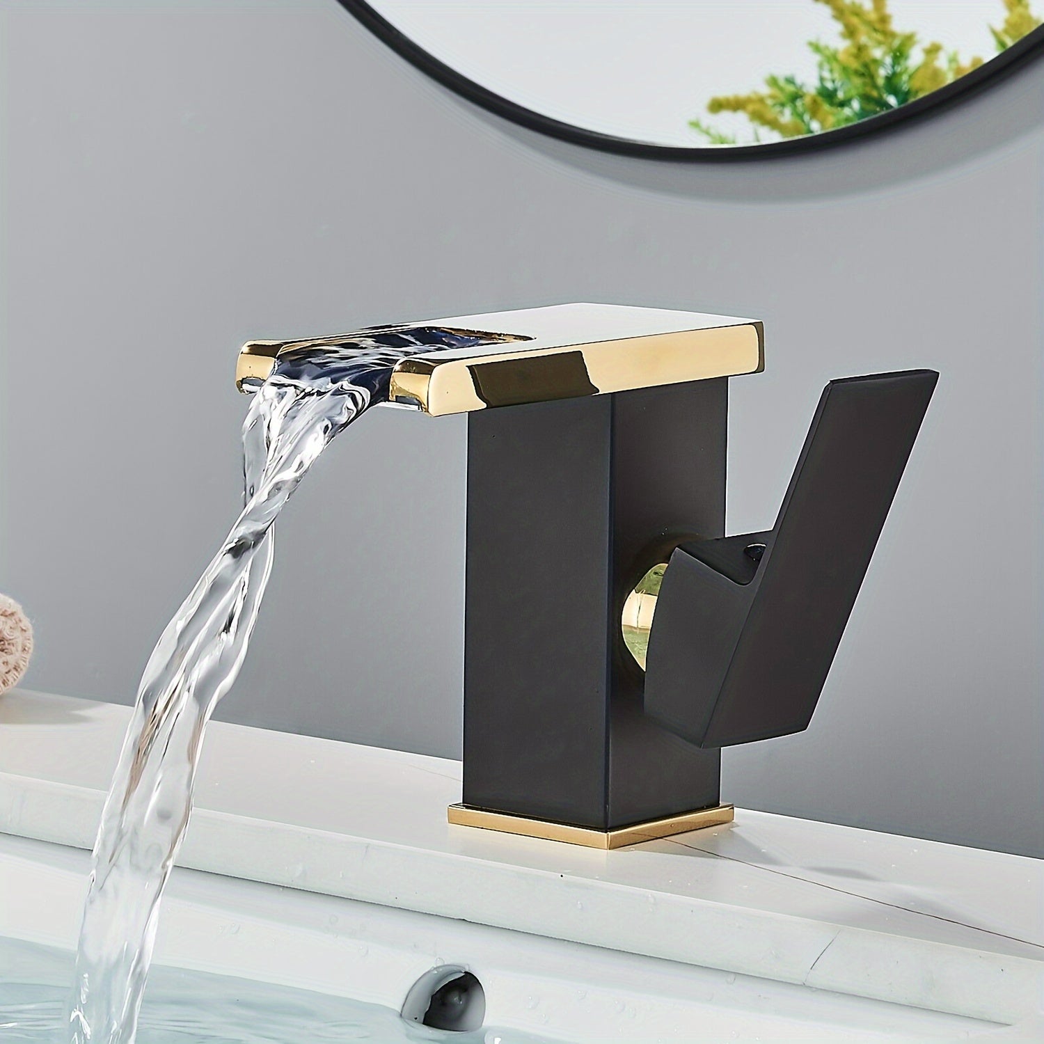 [LED Lighting Waterfall Faucet] LED Lighting Waterfall Faucet - Single Handle, 3-Color Changing Spout, Black & Golden Finish, One Hole Deck Mount for Vanity Sink, Commercial Use, Luxury Washroom Fixture, Contemporary Design, Highquality Finish, Adjustable