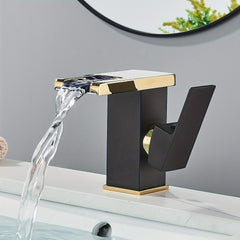 [LED Lighting Waterfall Faucet] LED Lighting Waterfall Faucet - Single Handle, 3-Color Changing Spout, Black & Golden Finish, One Hole Deck Mount for Vanity Sink, Commercial Use, Luxury Washroom Fixture, Contemporary Design, Highquality Finish, Adjustable