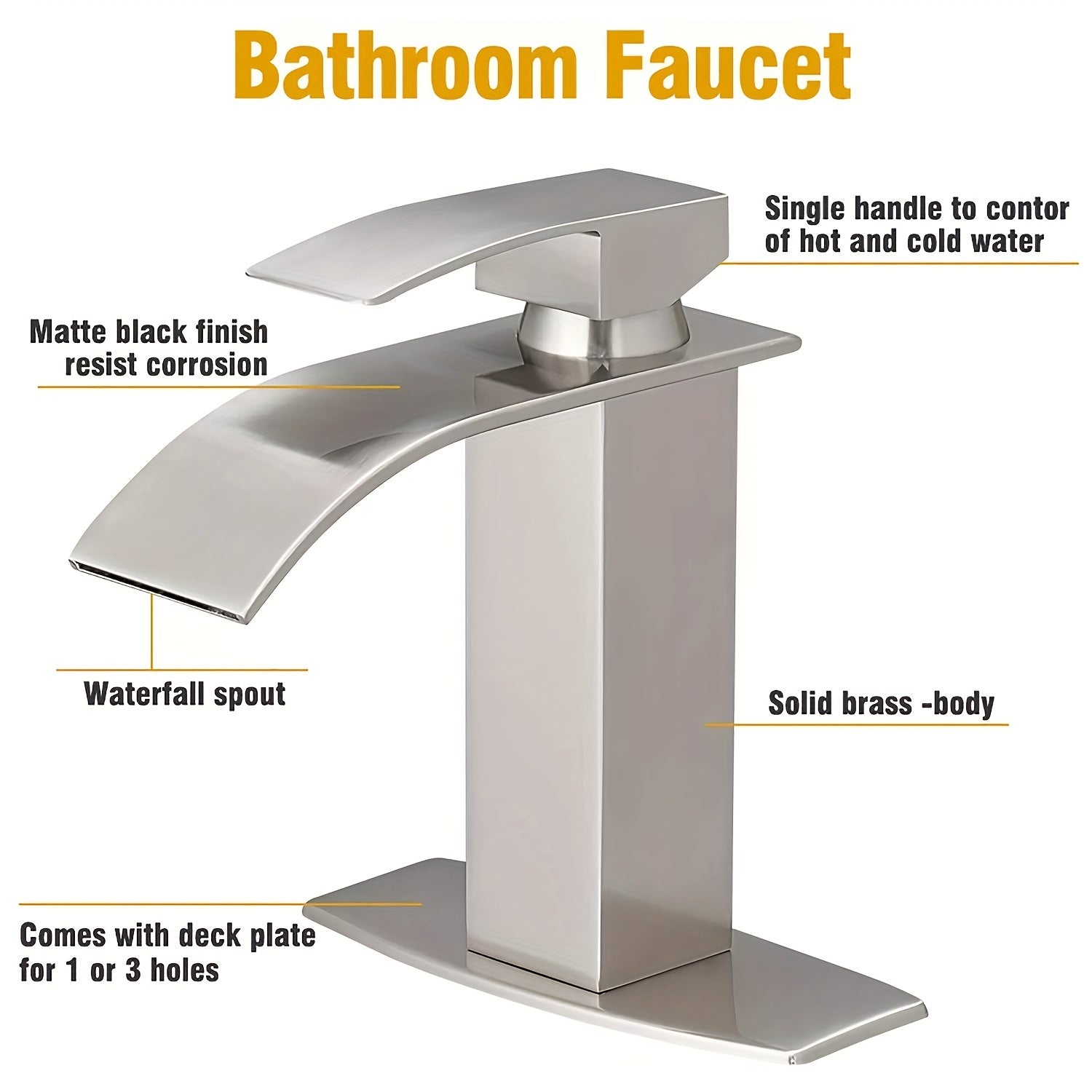 Bathroom Sink Faucet Waterfall Single Hole Or Three Holes Mixer Tap Bathroom Farmhouse RV Vanity Faucet With Pop Up Drain Stopper Assembly Water Supply Hose & 6" Deck Plate Deck Mounted, Perfect For Home Decor & Gifts, Christmas & Halloween Gift