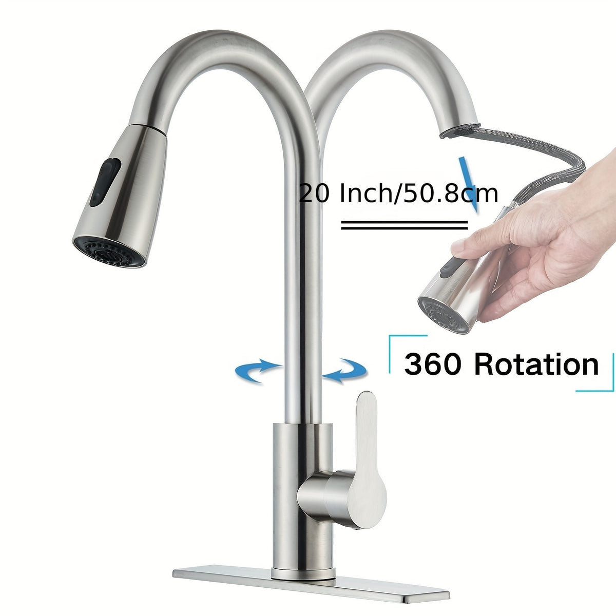 1pc Kitchen Faucet With Pull-Down Spray Single Handle High Arc Commercial Brushed Nickel Kitchen Sink Faucet With Deck Plate, Suitable For Bar Laundry RV Farmhouse (Matte Black&Brushed Nickel)