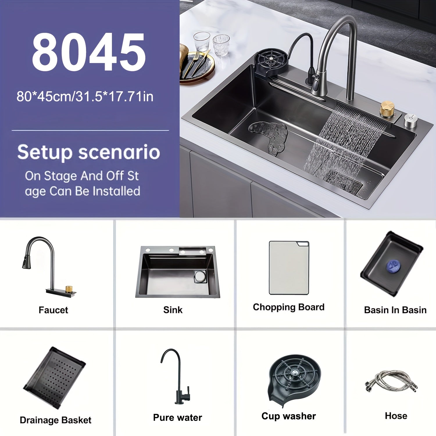 1 Set Digital Display Waterfall Sink Single Bowl Kitchen Sinks, Stainless Steel Bar Sink With Pull Down Sprayhead Faucet, Smart Modern Kitchen Sink With Full Set Of Accessories, Gun Gray&Brushed Golden
