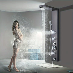 [Luxury Shower] 5 Spray Modes Stainless Steel Shower Panel Tower System | Wall-Mounted, Rainfall, Massage Jets, Hand Shower & Tub Spout | Matte Black or Brushed Nickel Finish for Home, Hotel, or Resort Use, Luxury Shower System, Modern Shower Panel, Matte