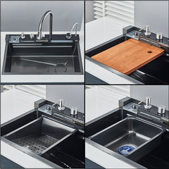 1 Set Digital Display Waterfall Sink Single Bowl Kitchen Sinks, Stainless Steel Bar Sink With Pull Down Sprayhead Faucet, Smart Modern Kitchen Sink With Full Set Of Accessories, Gun Gray&Brushed Golden