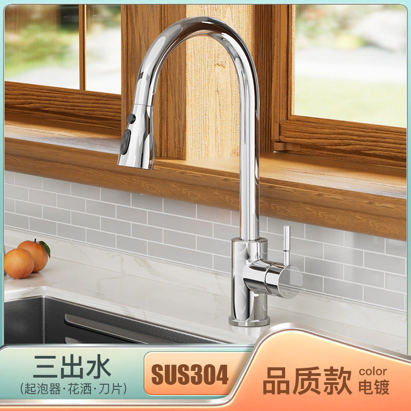 法奥卫浴304不锈钢抽拉厨房水龙头双出水冷热洗菜盆水槽水龙头