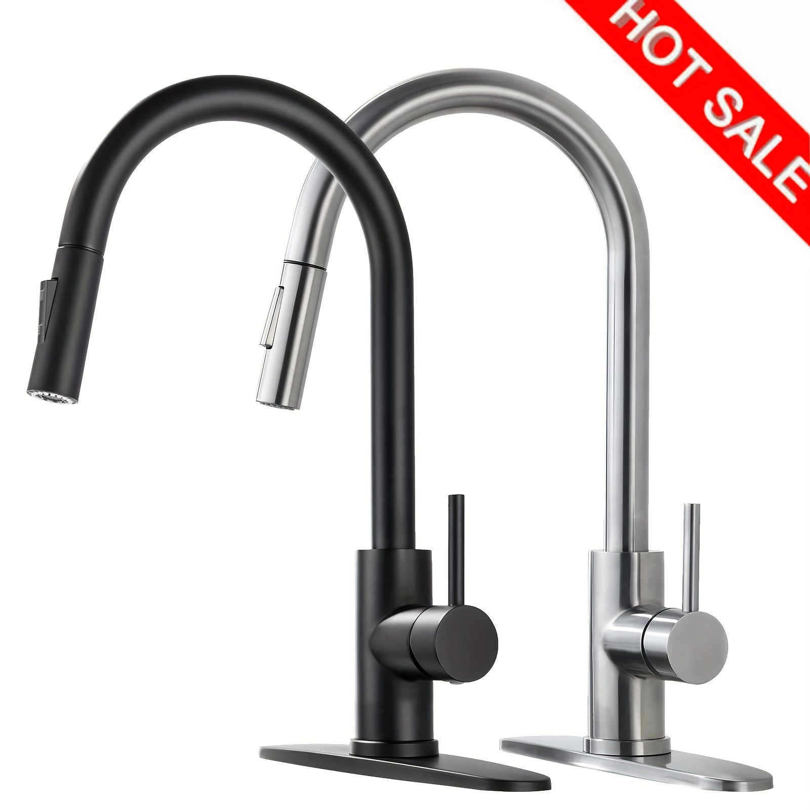 [Contemporary Kitchen Faucet] 1pc Contemporary High Arc Kitchen Faucet with Pull Out Sprayer | Single Handle Commercial Monobloc RV Sink Mixer Tap, 10" Deck Plate, 360° Universal Telescopic Splash-Proof Water Nozzle - Matte Black & Brushed Nickel