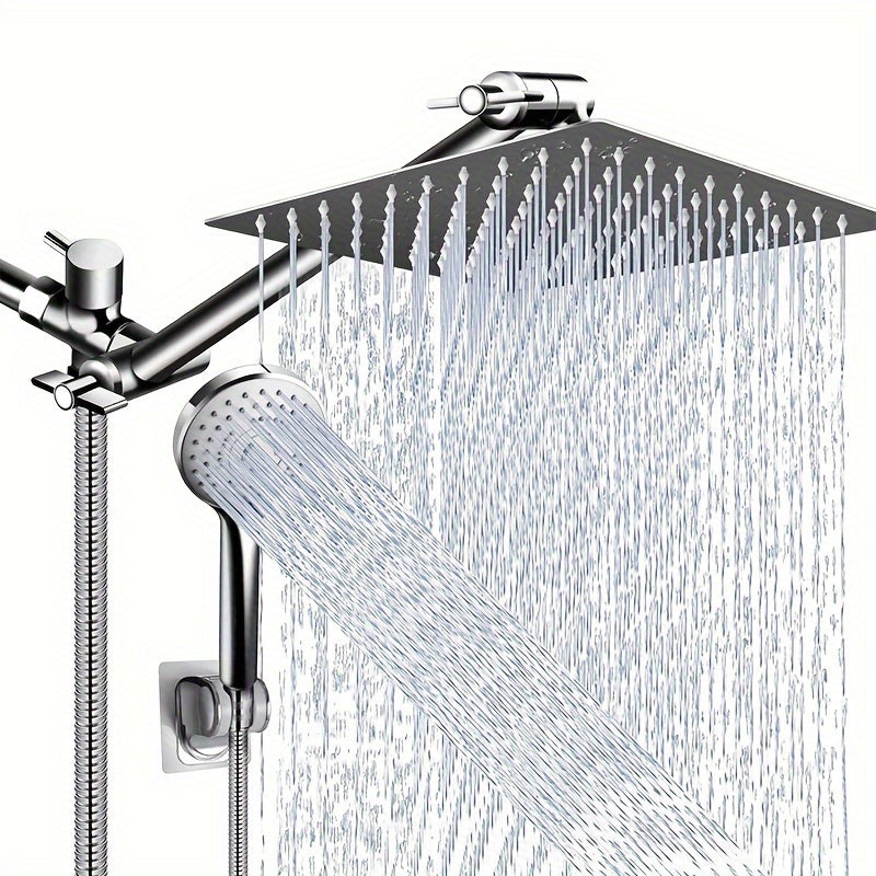 [High Pressure Shower Head] 10 Inch High Pressure Rain Shower Head Combo | 11 Inch Adjustable Extension Arm, 5 Settings Handheld Shower, Low Pressure Water with Long Hose