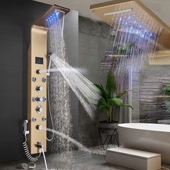 [Stainless Steel Shower Panel] 6 Shower Modes Stainless Steel Shower Panel Tower System - Wall Mounted Multi-Function Shower Panel with Spout Rainfall Waterfall Massage Jets Tub Spout Hand Shower for Home Hotel Resort, Unibody, Brushed Nickel