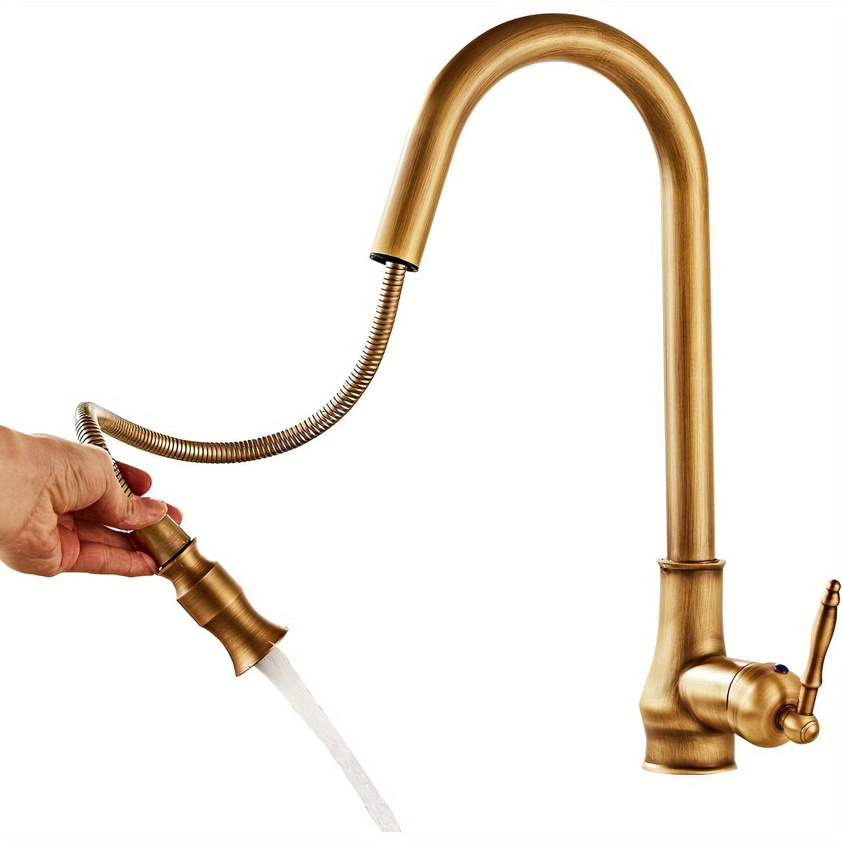 [Vintage Copper Kitchen Faucet] Vintage Antique Copper Single Handle Kitchen Faucet | Brass Body, Pull-Out Sprayer, Hot & Cold Mixer Hoses, Water-Saving Valve, Oil-Rubbed Finish, Deck Mount for Standard Sinks - Classic Design, Durable Construction, Home R