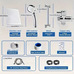 [High Pressure Rainfall Shower Head] 12 Inch High Pressure Rainfall Shower Head - 9 Settings Adjustable Anti-leak Shower Head/Handheld Shower Combo with 11 Inch Extension Arm and Holder/Hose