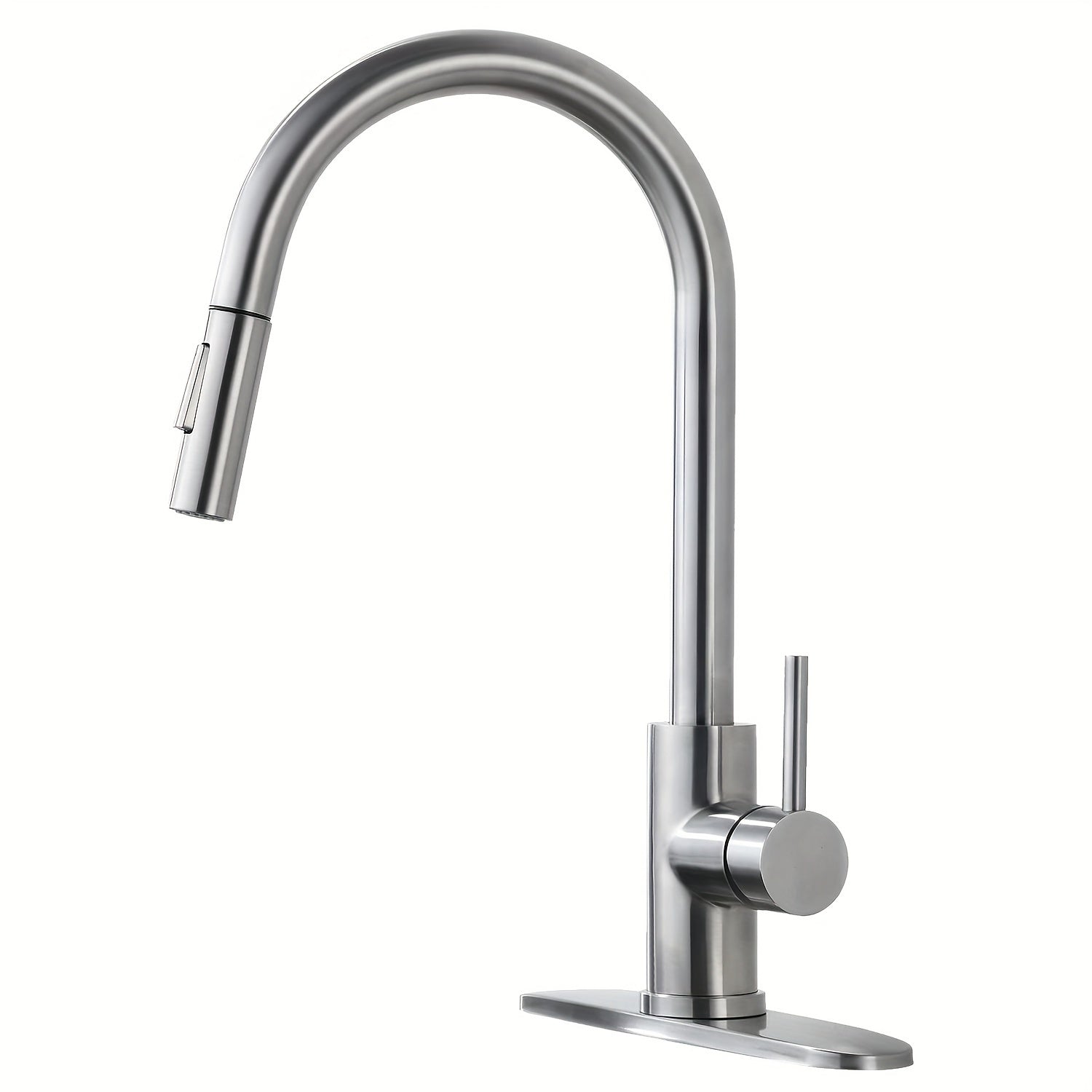 [Contemporary Kitchen Faucet] 1pc Contemporary High Arc Kitchen Faucet with Pull Out Sprayer | Single Handle Commercial Monobloc RV Sink Mixer Tap, 10" Deck Plate, 360° Universal Telescopic Splash-Proof Water Nozzle - Matte Black & Brushed Nickel