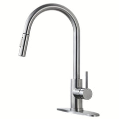 [Contemporary Kitchen Faucet] 1pc Contemporary High Arc Kitchen Faucet with Pull Out Sprayer | Single Handle Commercial Monobloc RV Sink Mixer Tap, 10" Deck Plate, 360° Universal Telescopic Splash-Proof Water Nozzle - Matte Black & Brushed Nickel