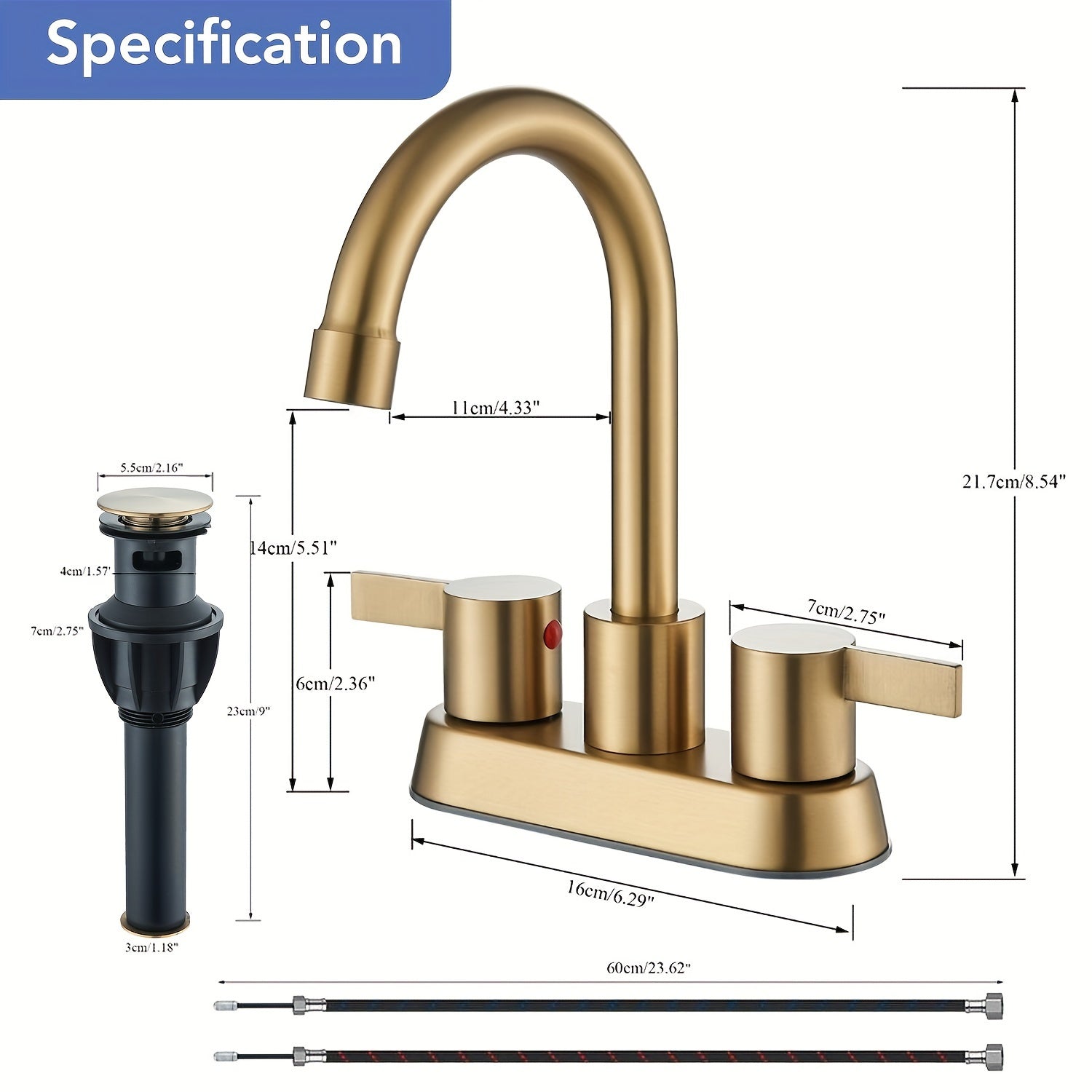 [Modern Bathroom Faucet] Brushed Golden, Matte Black, Brushed Nickel, Polished Chrome - 4 Inch 2 Handle Centerset Modern Bathroom Faucet with 360 Swivel Spout, 2-3 Hole RV Bathroom Vanity Sink Faucet, Pop Up Drain and Water Supply Lines