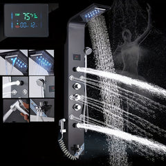 [Stainless Steel Shower Panel] 6 Shower Modes Stainless Steel Shower Panel Tower System - Wall Mounted Multi-Function Shower Panel with Spout Rainfall Waterfall Massage Jets Tub Spout Hand Shower for Home Hotel Resort, Unibody, Brushed Nickel