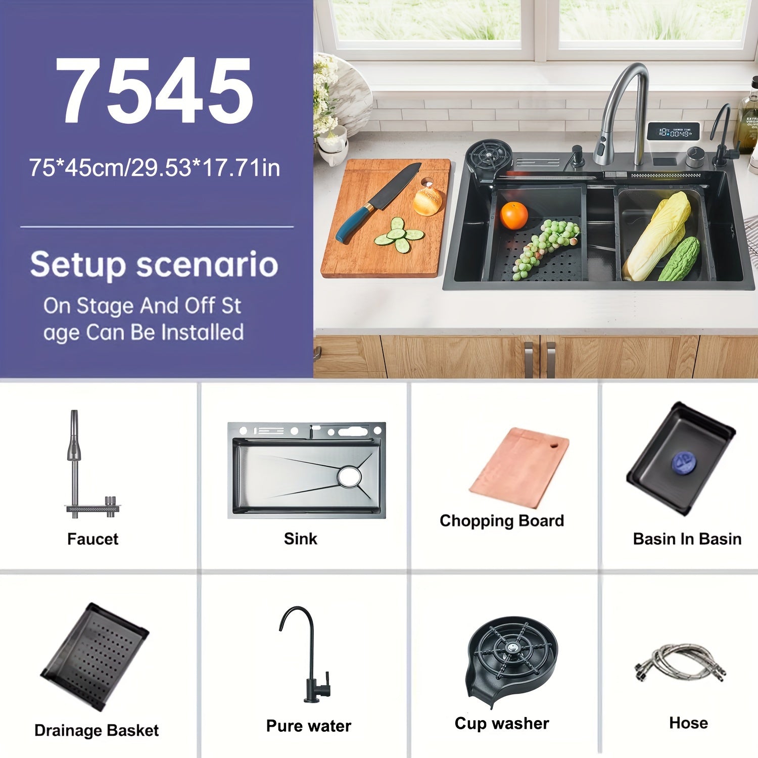 1 Set Digital Display Waterfall Sink Single Bowl Kitchen Sinks, Stainless Steel Bar Sink With Pull Down Sprayhead Faucet, Smart Modern Kitchen Sink With Full Set Of Accessories, Gun Gray&Brushed Golden