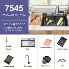Stainless Steel Modern Farmhouse Workstation Sink - 1 Set Digital Display Waterfall Single Bowl Kitchen Sink with Pull Down Sprayhead Faucet - Drop-In/Undermount, Gray&Golden&Black, Full Set Of Accessories