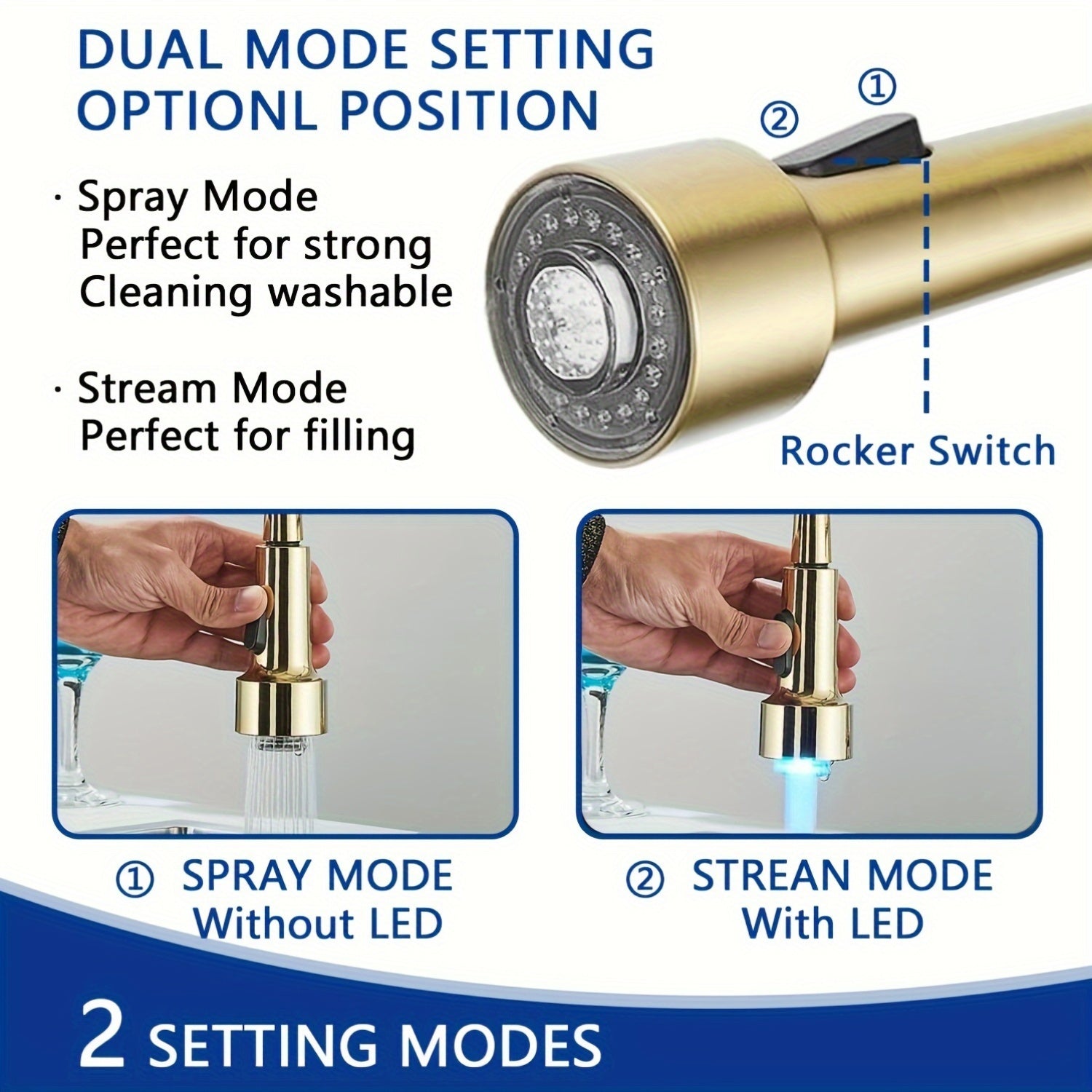 1 Set Modern Kitchen Faucet with Spring LED Pull Down Sprayer, 360° Rotation, Hot & Cold Water Mixer Sink Tap for Home & Balcony, Single Handle One Hole Commercial Kitchen Sink Faucet with Deck Plate, High Arc, Polished Golden