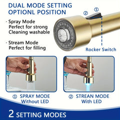 1 Set Modern Kitchen Faucet with Spring LED Pull Down Sprayer, 360° Rotation, Hot & Cold Water Mixer Sink Tap for Home & Balcony, Single Handle One Hole Commercial Kitchen Sink Faucet with Deck Plate, High Arc, Polished Golden