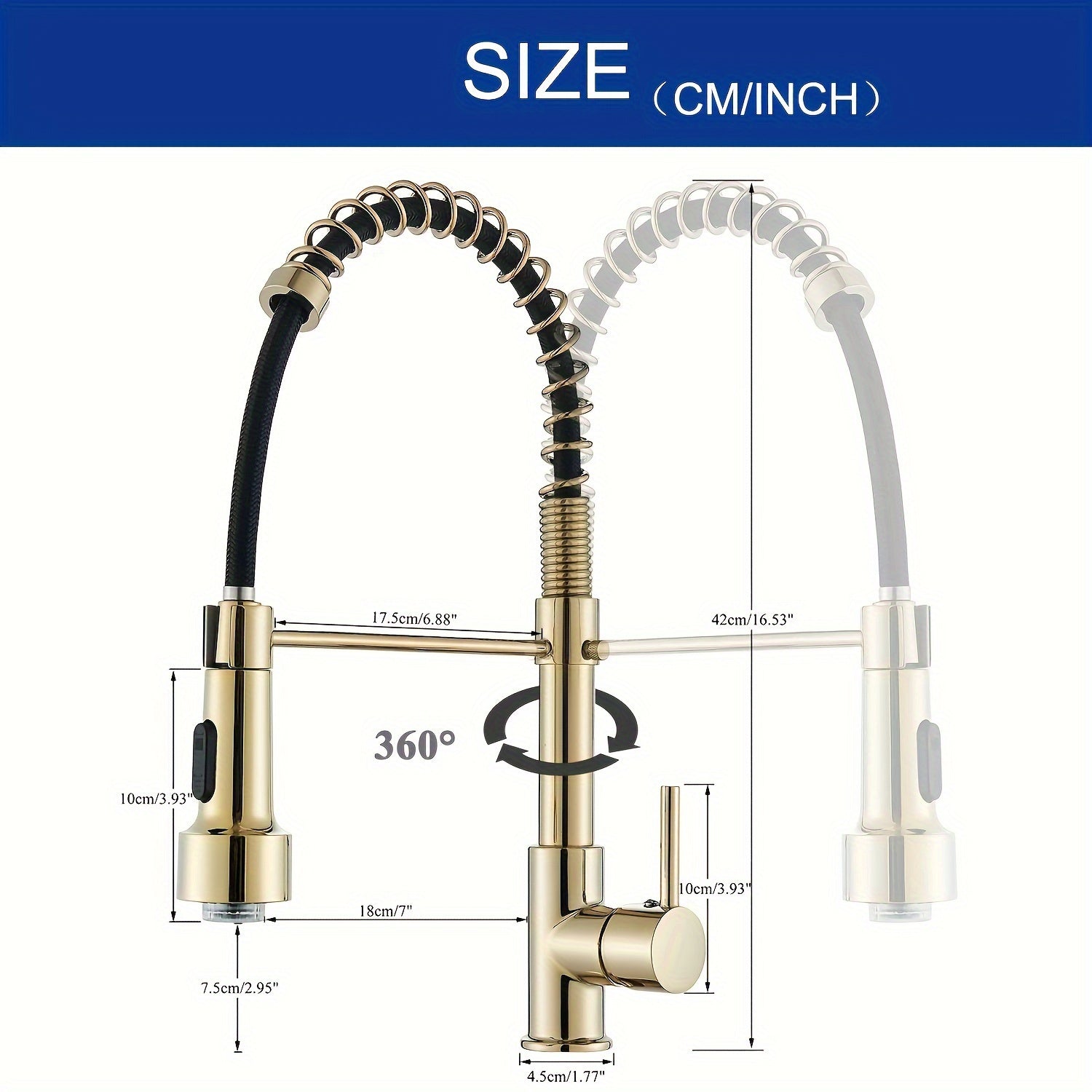 1 Set Modern Kitchen Faucet with Spring LED Pull Down Sprayer, 360° Rotation, Hot & Cold Water Mixer Sink Tap for Home & Balcony, Single Handle One Hole Commercial Kitchen Sink Faucet with Deck Plate, High Arc, Polished Golden