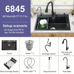 Stainless Steel Modern Farmhouse Workstation Sink - 1 Set Digital Display Waterfall Single Bowl Kitchen Sink with Pull Down Sprayhead Faucet - Drop-In/Undermount, Gray&Golden&Black, Full Set Of Accessories