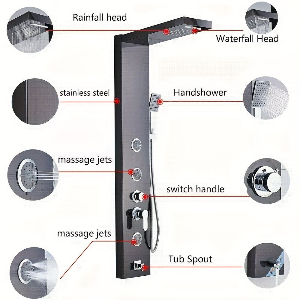[Luxury Shower] 5 Spray Modes Stainless Steel Shower Panel Tower System | Wall-Mounted, Rainfall, Massage Jets, Hand Shower & Tub Spout | Matte Black or Brushed Nickel Finish for Home, Hotel, or Resort Use, Luxury Shower System, Modern Shower Panel, Matte