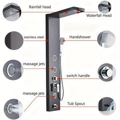 [Luxury Shower] 5 Spray Modes Stainless Steel Shower Panel Tower System | Wall-Mounted, Rainfall, Massage Jets, Hand Shower & Tub Spout | Matte Black or Brushed Nickel Finish for Home, Hotel, or Resort Use, Luxury Shower System, Modern Shower Panel, Matte