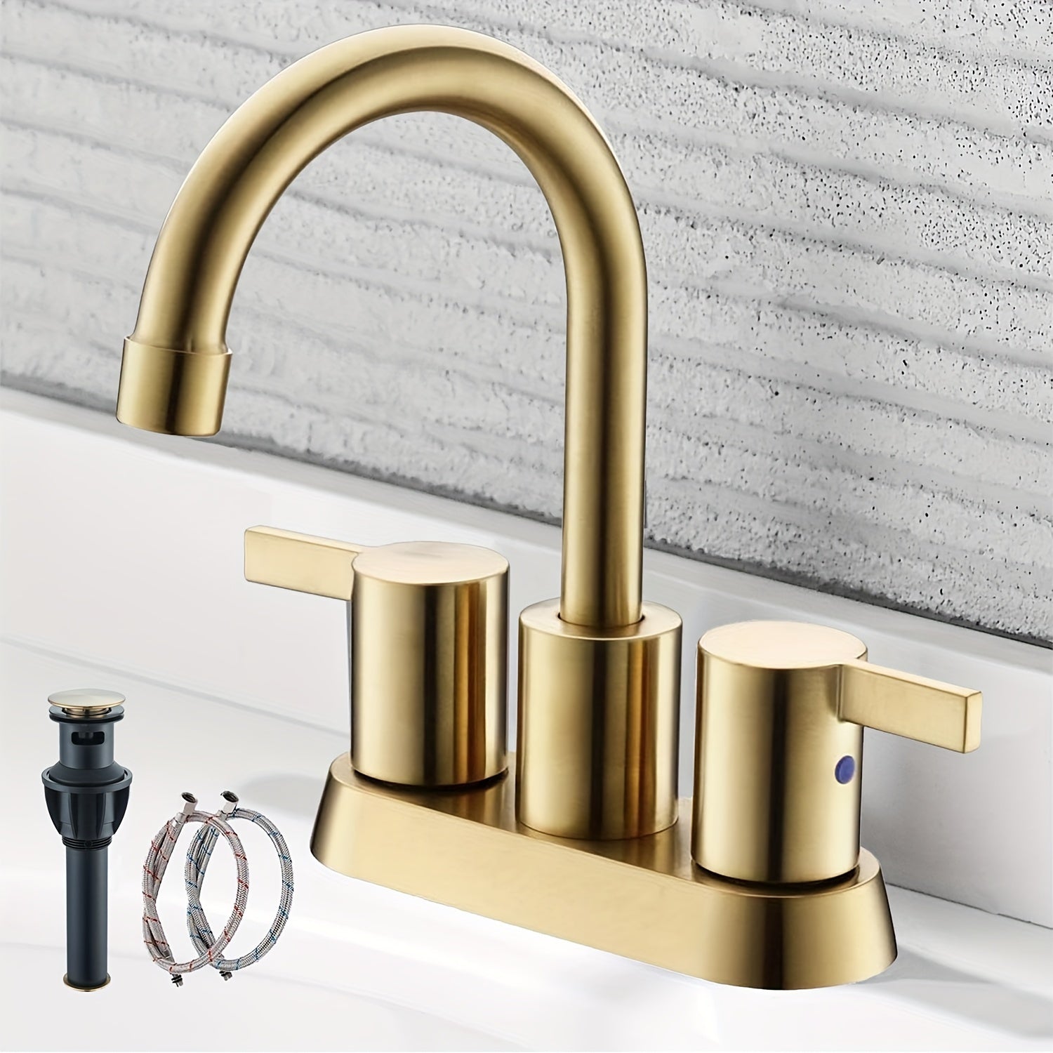 [Modern Bathroom Faucet] Brushed Golden, Matte Black, Brushed Nickel, Polished Chrome - 4 Inch 2 Handle Centerset Modern Bathroom Faucet with 360 Swivel Spout, 2-3 Hole RV Bathroom Vanity Sink Faucet, Pop Up Drain and Water Supply Lines