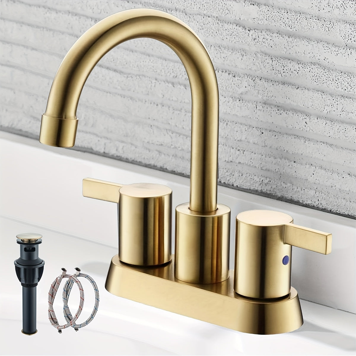 [Modern Bathroom Faucet] Brushed Golden, Matte Black, Brushed Nickel, Polished Chrome - 4 Inch 2 Handle Centerset Modern Bathroom Faucet with 360 Swivel Spout, 2-3 Hole RV Bathroom Vanity Sink Faucet, Pop Up Drain and Water Supply Lines