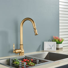 [Vintage Copper Kitchen Faucet] Vintage Antique Copper Single Handle Kitchen Faucet | Brass Body, Pull-Out Sprayer, Hot & Cold Mixer Hoses, Water-Saving Valve, Oil-Rubbed Finish, Deck Mount for Standard Sinks - Classic Design, Durable Construction, Home R