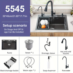 Stainless Steel Modern Farmhouse Workstation Sink - 1 Set Digital Display Waterfall Single Bowl Kitchen Sink with Pull Down Sprayhead Faucet - Drop-In/Undermount, Gray&Golden&Black, Full Set Of Accessories
