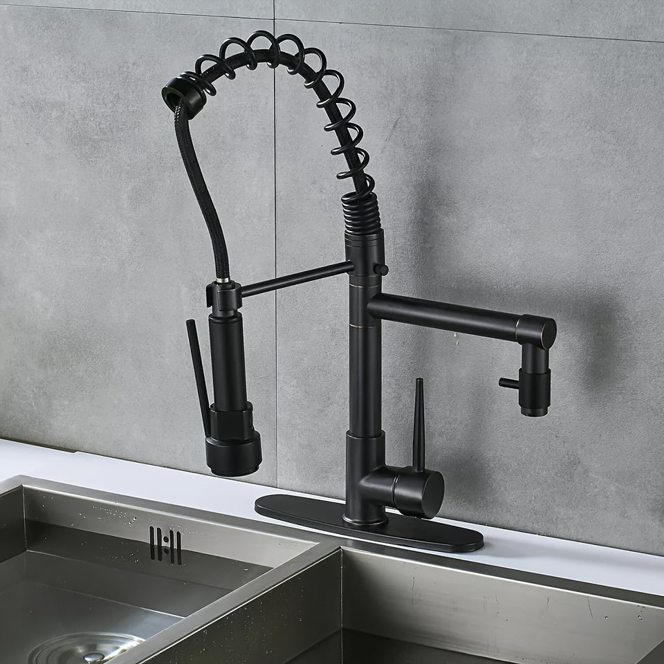 1pc Modern Oil Rubbed Bronze Kitchen Faucet with Pull-Down Sprayer, High Pressure Single Handle, Commercial Double-Headed Brass Sink Faucet, Deck Plate Included, Water-Saving, Ceramic Valve, Deck Mount, No Electricity Needed, G9/16 Threads, Kitchen Faucet