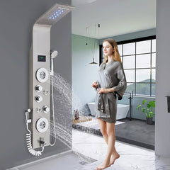 [Stainless Steel Shower Panel] 6 Shower Modes Stainless Steel Shower Panel Tower System - Wall Mounted Multi-Function Shower Panel with Spout Rainfall Waterfall Massage Jets Tub Spout Hand Shower for Home Hotel Resort, Unibody, Brushed Nickel