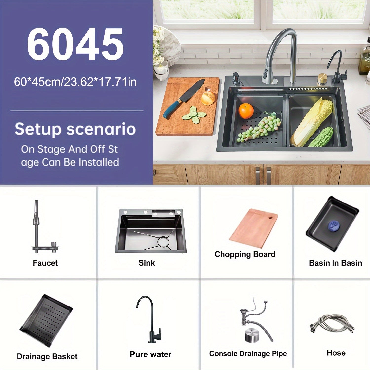 1 Set Digital Display Waterfall Sink Single Bowl Kitchen Sinks, Stainless Steel Bar Sink With Pull Down Sprayhead Faucet, Smart Modern Kitchen Sink With Full Set Of Accessories, Gun Gray&Brushed Golden