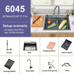Stainless Steel Modern Farmhouse Workstation Sink - 1 Set Digital Display Waterfall Single Bowl Kitchen Sink with Pull Down Sprayhead Faucet - Drop-In/Undermount, Gray&Golden&Black, Full Set Of Accessories