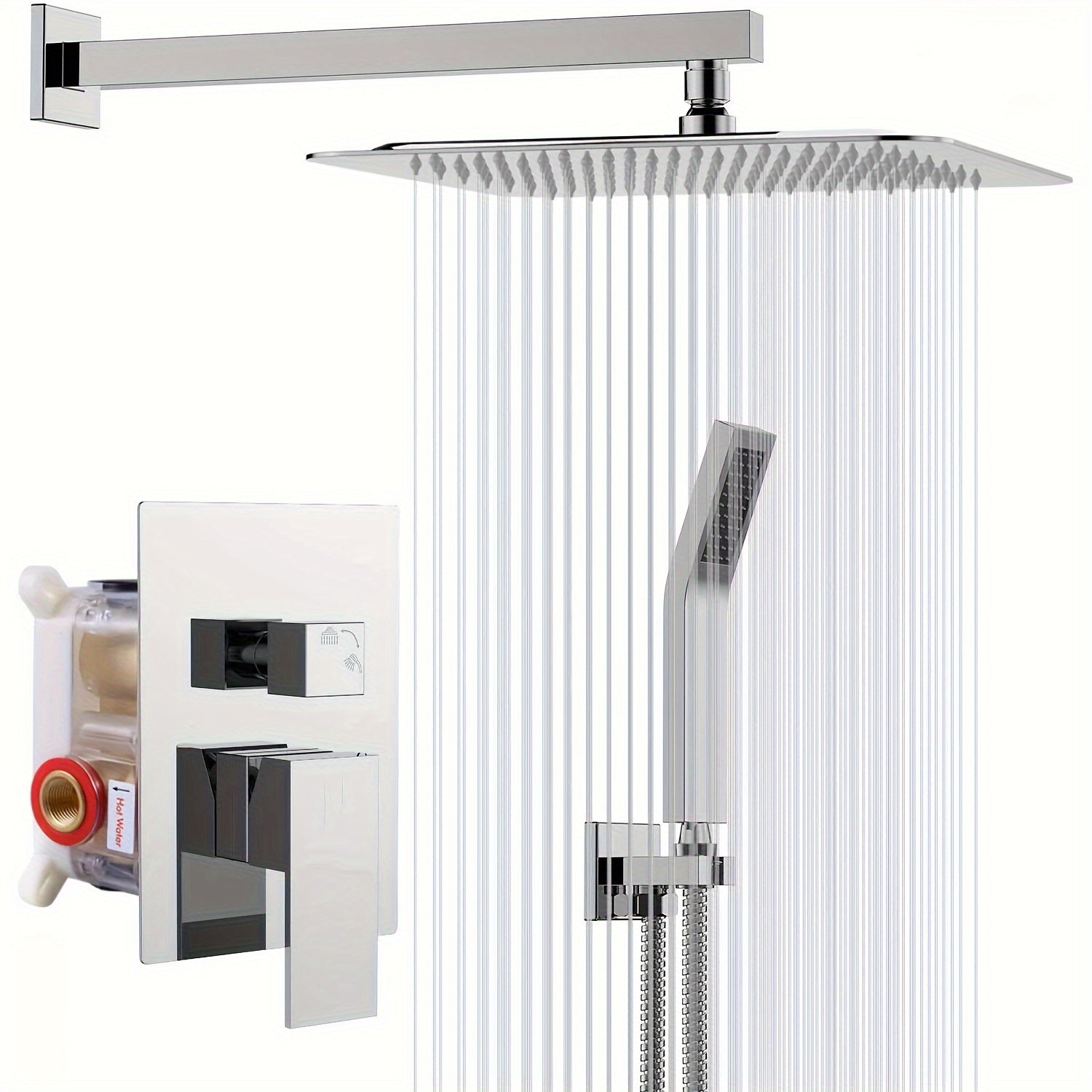 1set Shower System, 8/12/16 Inch Square High Pressure Rain Shower Head, Bathroom Luxury Rainfall Shower System Combo Set with Handheld Sprayer, Wall Mounted Shower Faucet Set, Rough-in Valve Body And Trim, Bathroom Accessories, Chrome