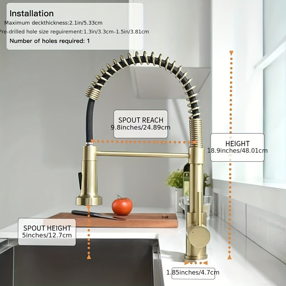 [Brushed Golden Kitchen Faucet] 1pc Brushed Golden Kitchen Faucet | Pull-Down Sprayer, Single Handle Lever, Water-Saving Valve, Commercial-Grade Single Hole Sink Mixer Tap, Dual Function Spray & Easy Installation (Includes G9/16 Threads & Hoses), Water Co