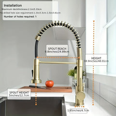 [Brushed Golden Kitchen Faucet] 1pc Brushed Golden Kitchen Faucet | Pull-Down Sprayer, Single Handle Lever, Water-Saving Valve, Commercial-Grade Single Hole Sink Mixer Tap, Dual Function Spray & Easy Installation (Includes G9/16 Threads & Hoses), Water Co