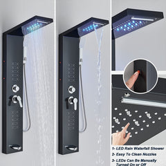 Modern Shower Panel Tower System - Wall-Mounted Bathroom Shower System with 5-in-1 Shower Modes (Rainfall, Waterfall, Massage Jets, Hand Shower), Stainless Steel Construction, Matte Black/Brushed Golden/ - for Home, Hotel, Spa, Resort - Easy Installation