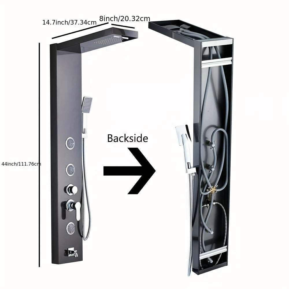 [Luxury Shower] 5 Spray Modes Stainless Steel Shower Panel Tower System | Wall-Mounted, Rainfall, Massage Jets, Hand Shower & Tub Spout | Matte Black or Brushed Nickel Finish for Home, Hotel, or Resort Use, Luxury Shower System, Modern Shower Panel, Matte