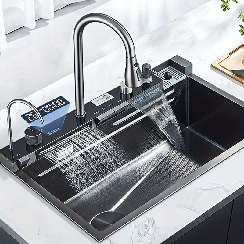 1 Set Digital Display Waterfall Sink Single Bowl Kitchen Sinks, Stainless Steel Bar Sink With Pull Down Sprayhead Faucet, Smart Modern Kitchen Sink With Full Set Of Accessories, Gun Gray&Brushed Golden