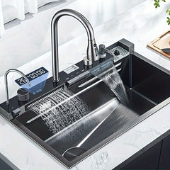 1 Set Digital Display Waterfall Sink Single Bowl Kitchen Sinks, Stainless Steel Bar Sink With Pull Down Sprayhead Faucet, Smart Modern Kitchen Sink With Full Set Of Accessories, Gun Gray&Brushed Golden